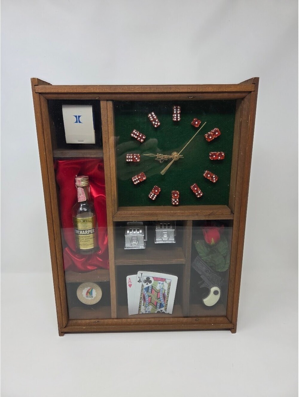 Vintage I.W. Harper Bourbon Shadow Box Dice Clock With Casino And Western Theme